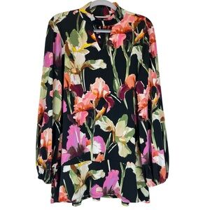 DENNIS BY DENNIS BASSO Tunica Blouse Iris Print Floral Watercolor Colorful Sz M
